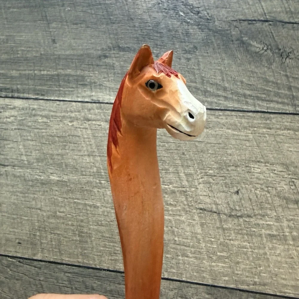 Wooden Horse Head Ballpoint Pen Hand Carved Equestrian Western Brown 6in No Ink